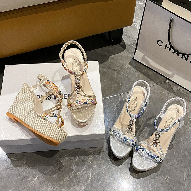 Chic 9CM Platform Wedge Sandals for Women - Braided Rhinestone Strappy Summer Heels