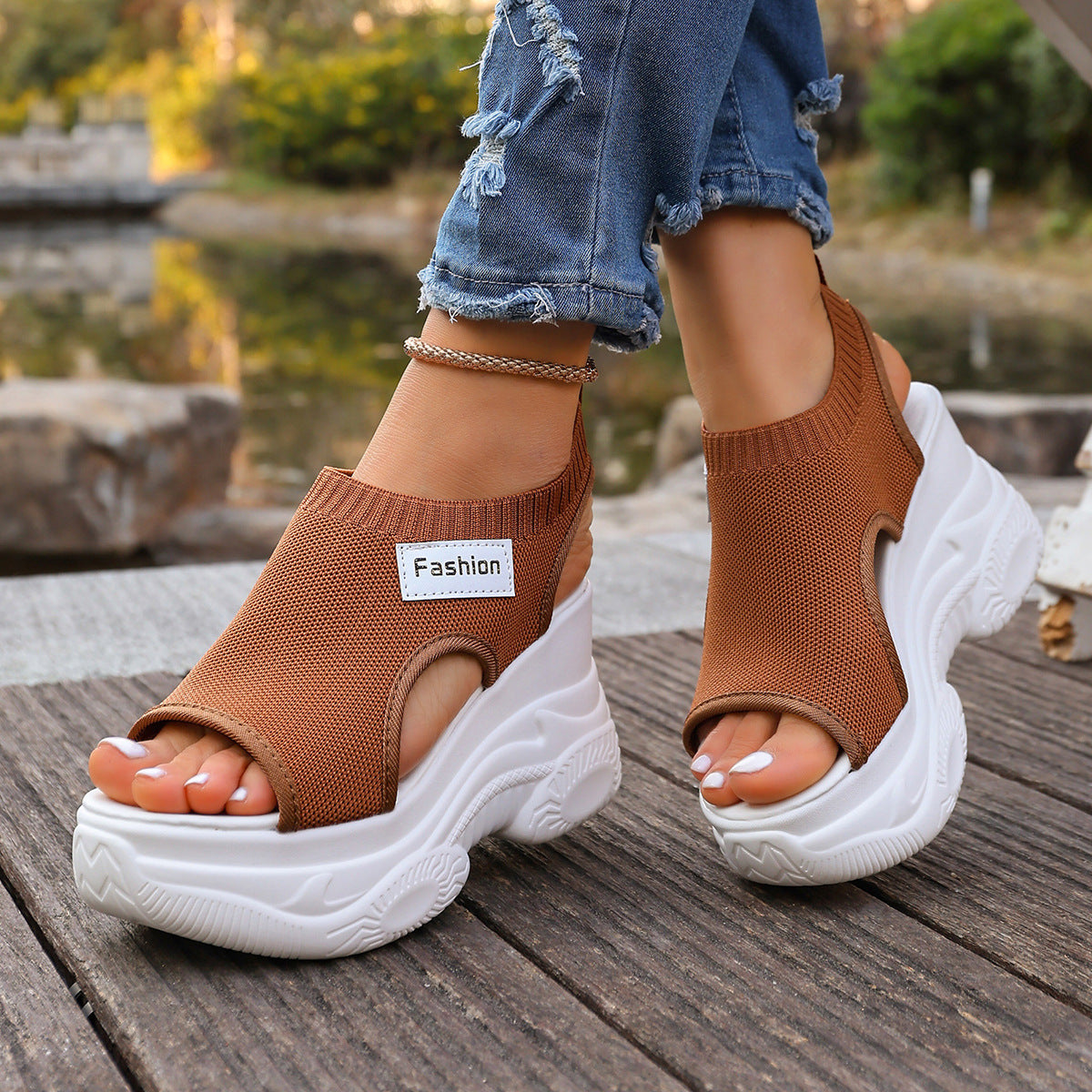 Women's Knit Platform Slip-On Sandals – Chunky White Sole Open Toe Mules