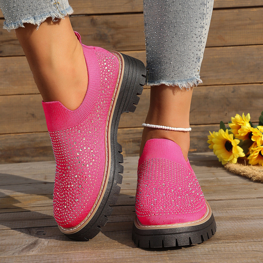 Women's Sparkly Rhinestone Knit Platform Slip-On Loafers