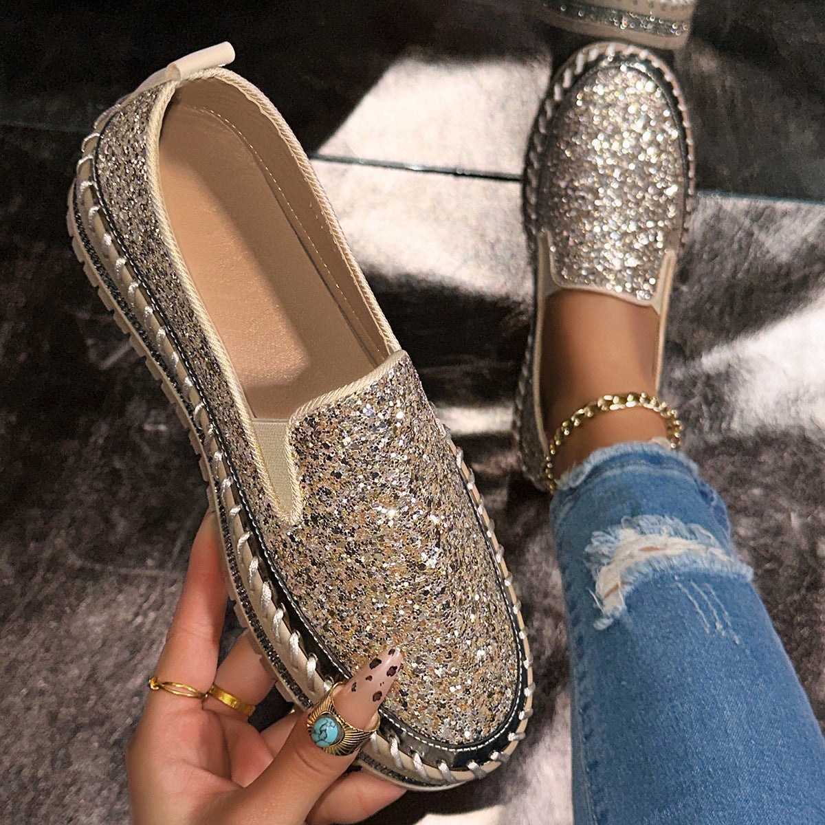 Sparkle Rhinestone Platform Slip-On Sneakers – Bling Crystal Chunky Loafers for Women