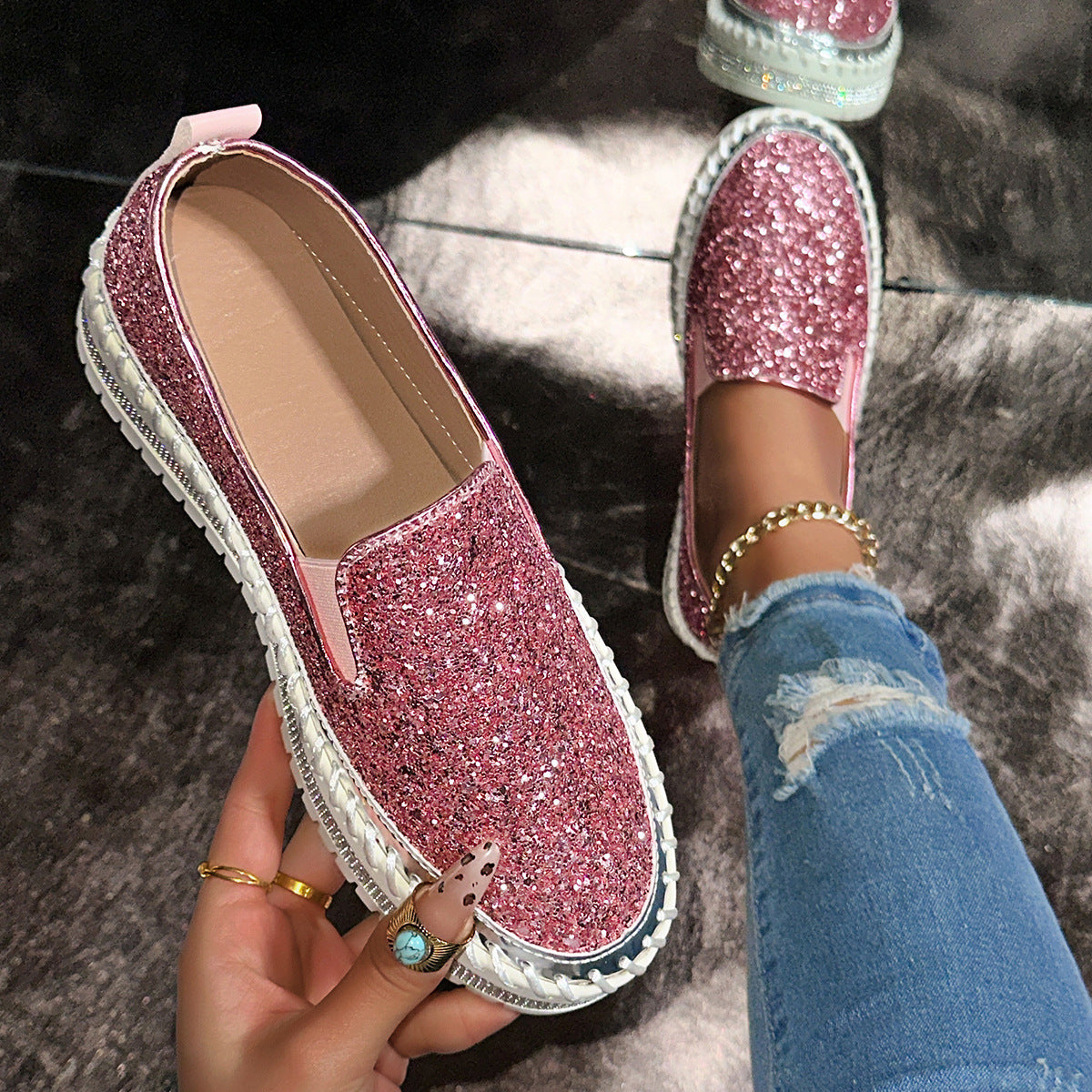 Sparkle Rhinestone Platform Slip-On Sneakers – Bling Crystal Chunky Loafers for Women