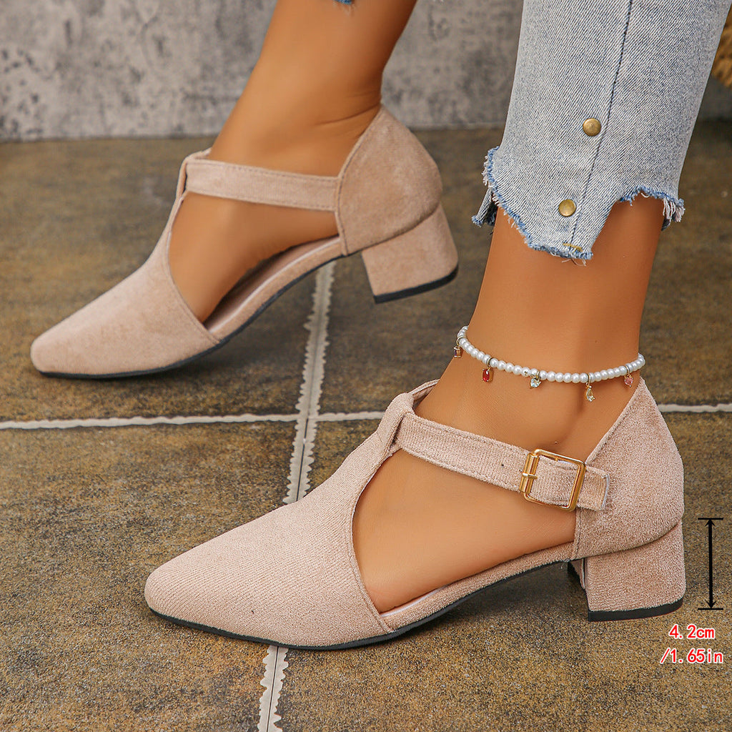 Women's Pointed Toe T-Strap Low Block Heel Shoes