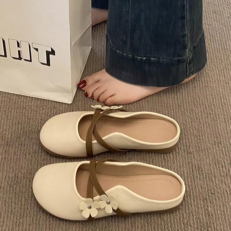 Flower Decor Flat Mule Slippers - Cross Strap Design