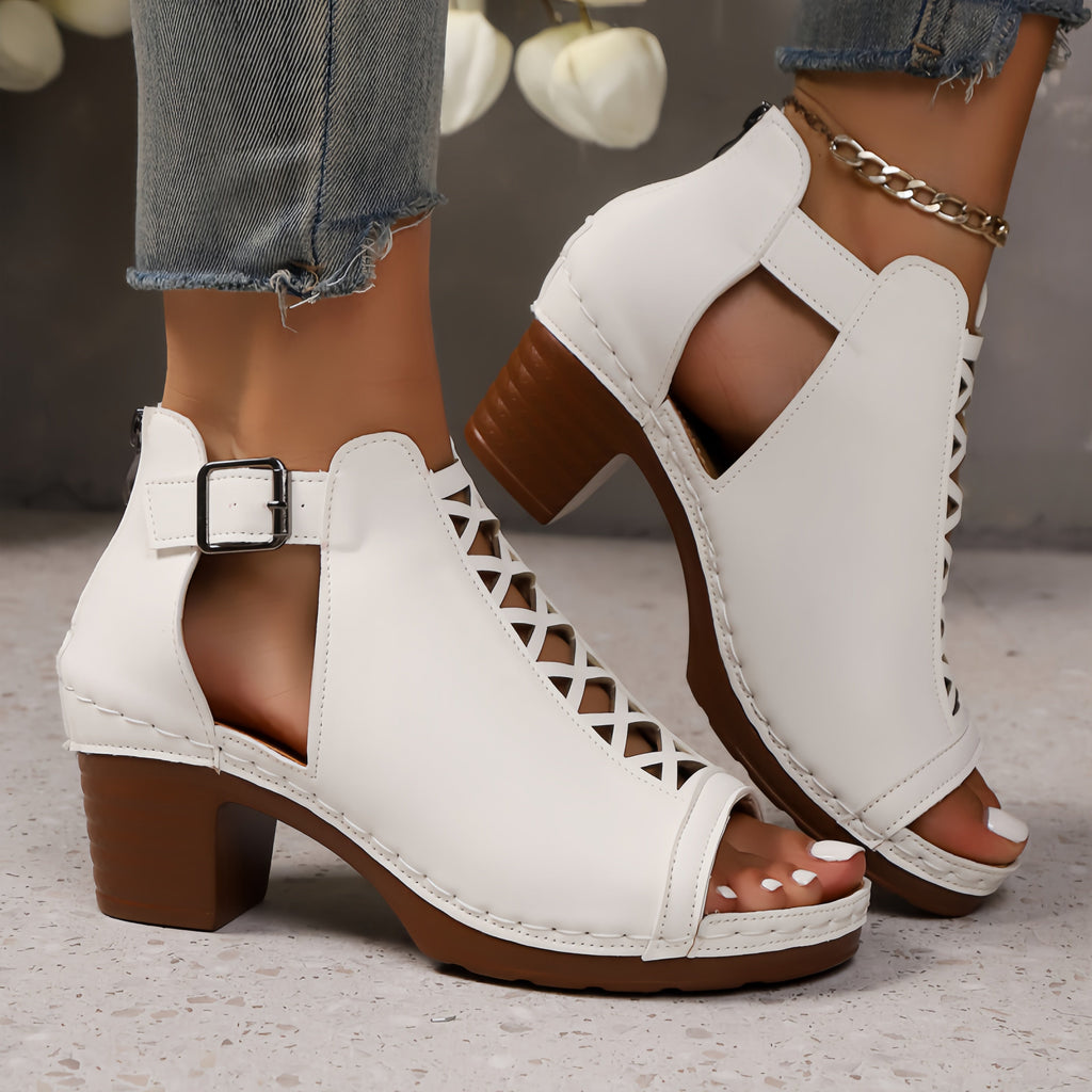 Women's Crisscross Cutout Peep Toe Block Heel Sandals – Ankle Buckle Strap Chunky Heels