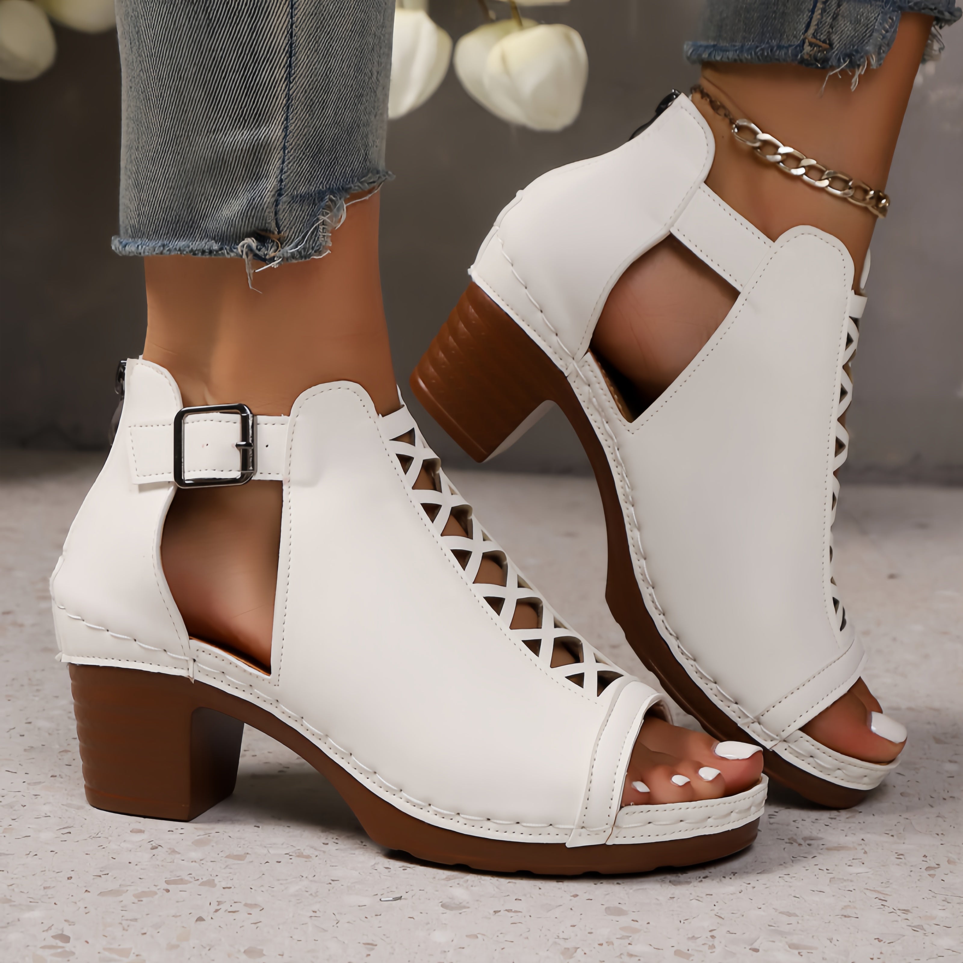 Women's Crisscross Cutout Peep Toe Block Heel Sandals – Ankle Buckle Strap Chunky Heels