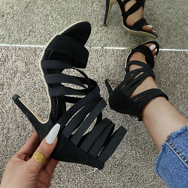 10.5CM Stiletto Strappy Sandals Women - Black Gladiator High Heel Cage Sandals