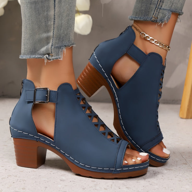 Women's Crisscross Cutout Peep Toe Block Heel Sandals – Ankle Buckle Strap Chunky Heels