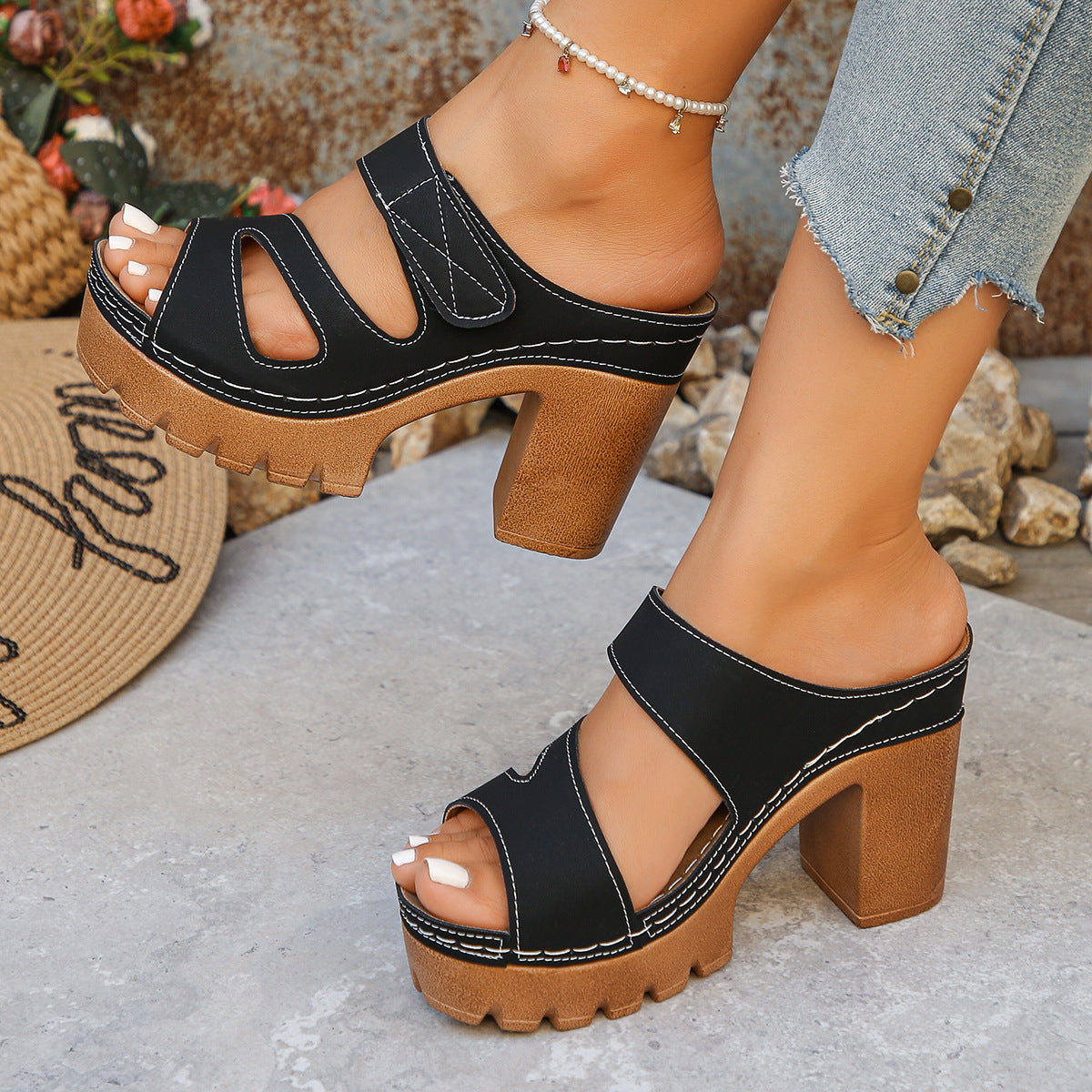 Women's 10.5cm Chunky Platform Wedge Sandals Peep Toe Cutout Velcro Strap Mules