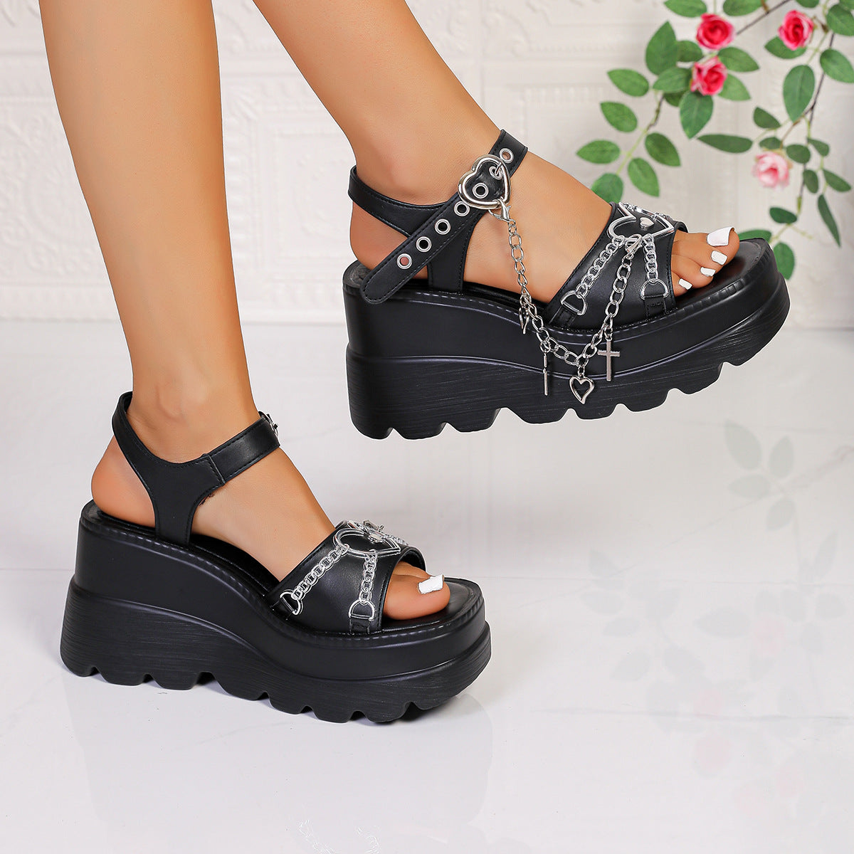 Women's Gothic Platform Wedge Sandals – Chunky Black Open Toe Ankle Strap with Heart Chain & Cross Charms