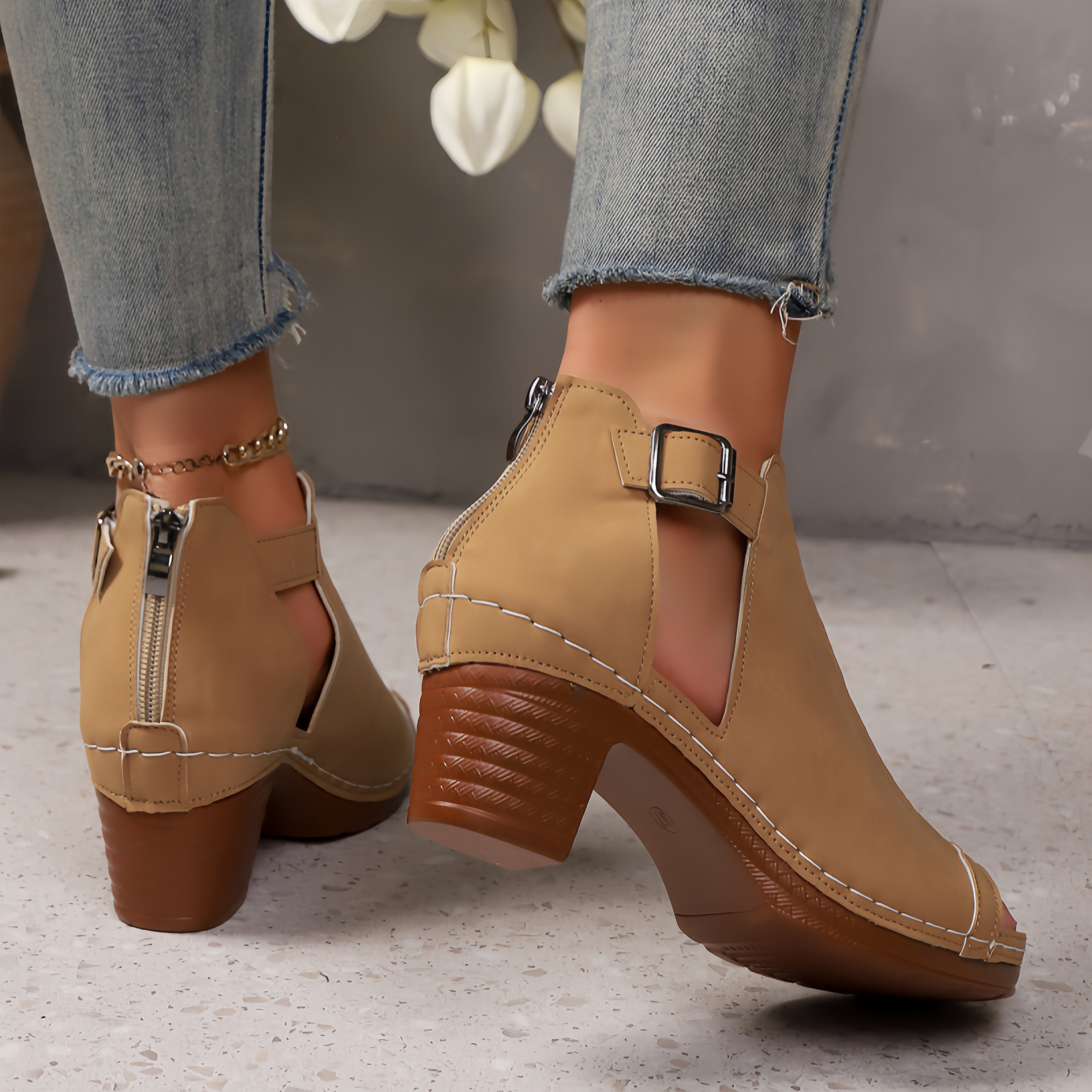 Women's Crisscross Cutout Peep Toe Block Heel Sandals – Ankle Buckle Strap Chunky Heels