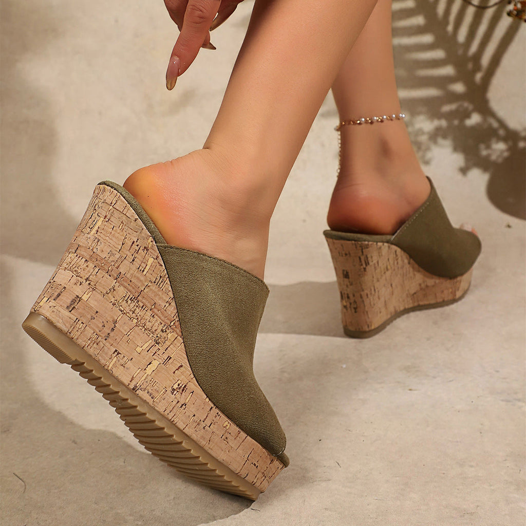 Platform Cork Wedge Mules with Open Toe