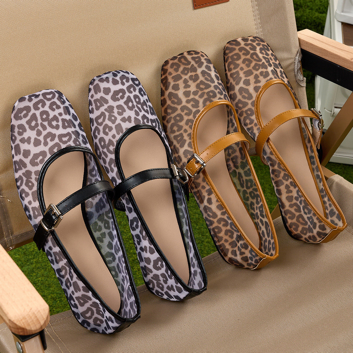 Women's Leopard Print Mesh Mary Jane Flats with Buckle Strap