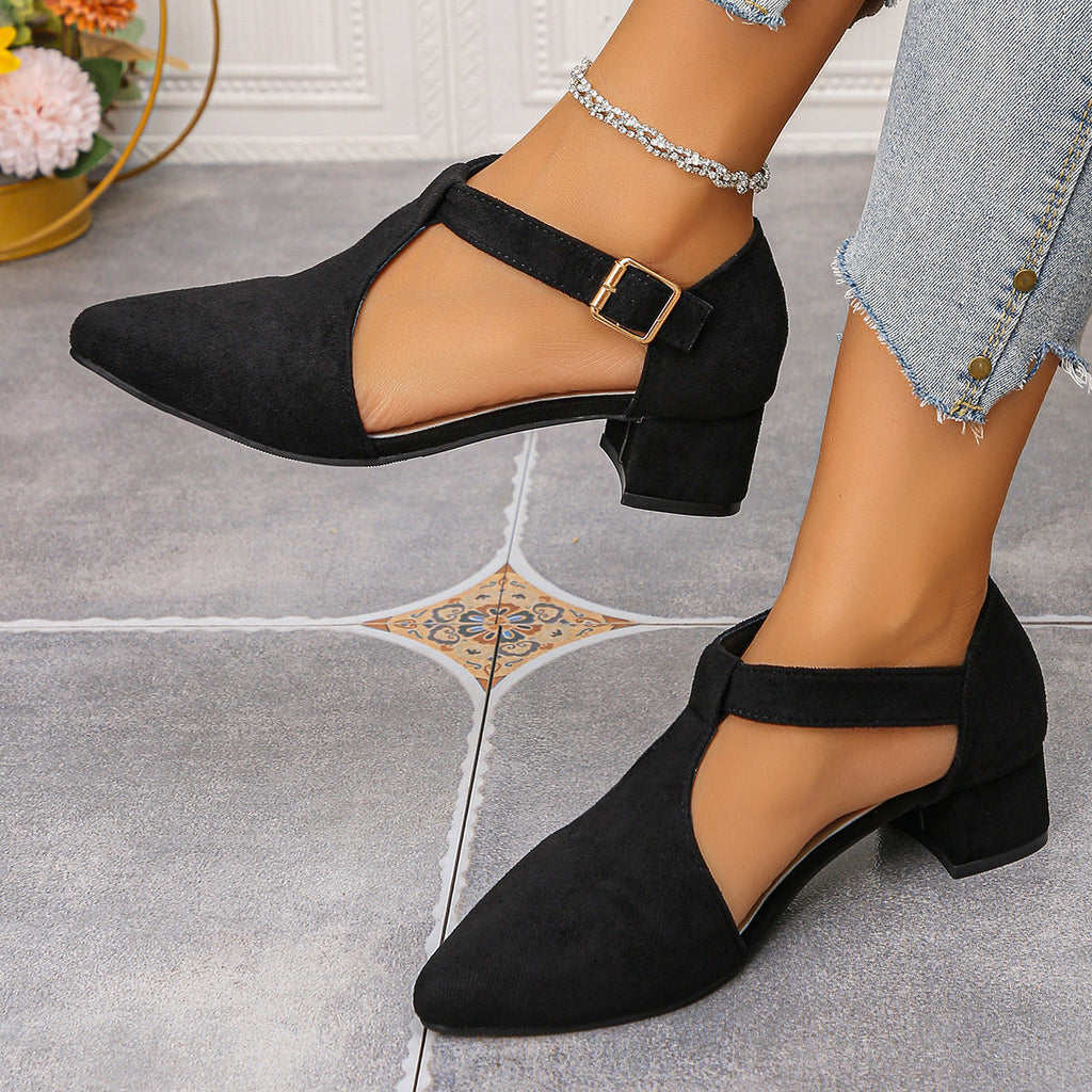 Women's Pointed Toe T-Strap Low Block Heel Shoes