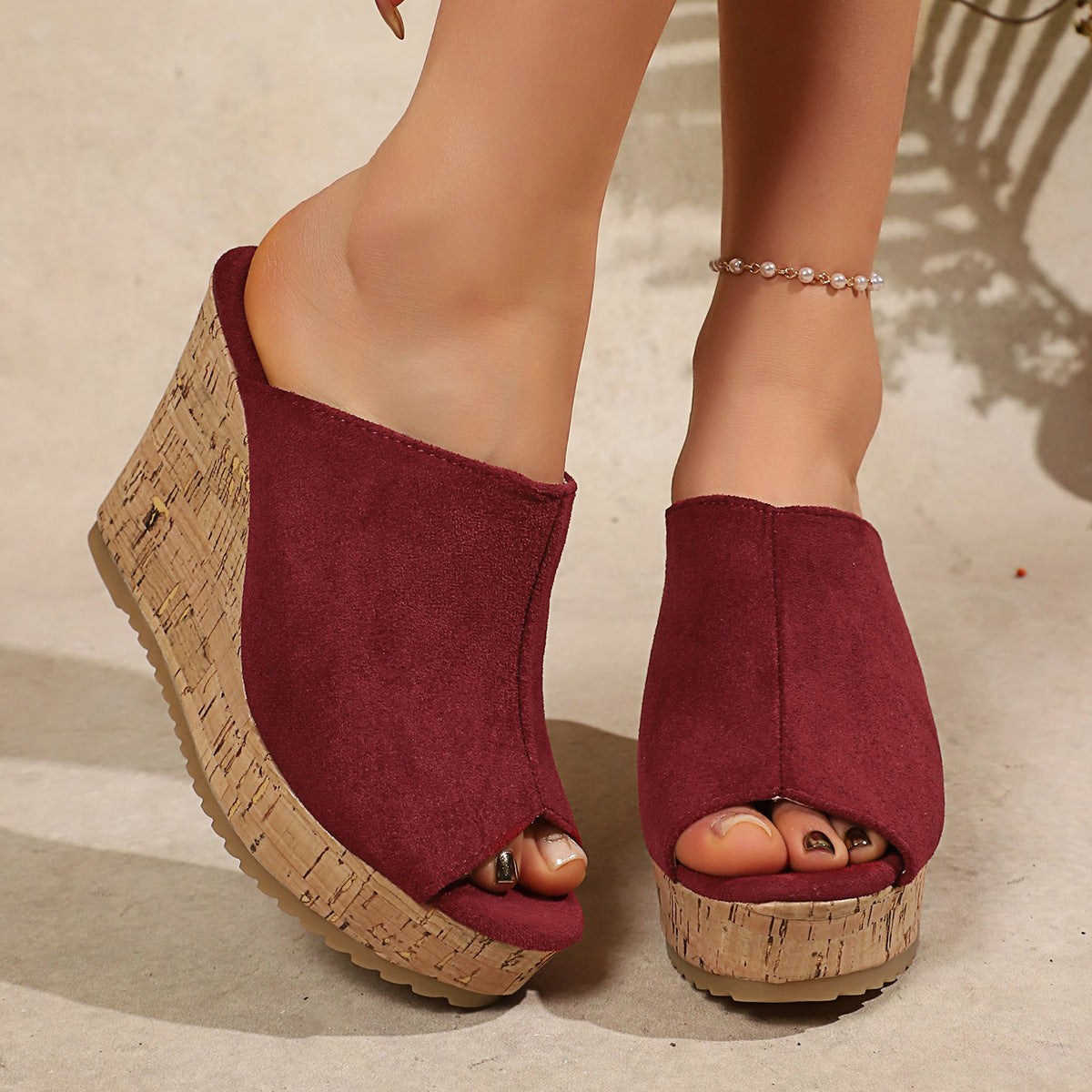 Platform Cork Wedge Mules with Open Toe
