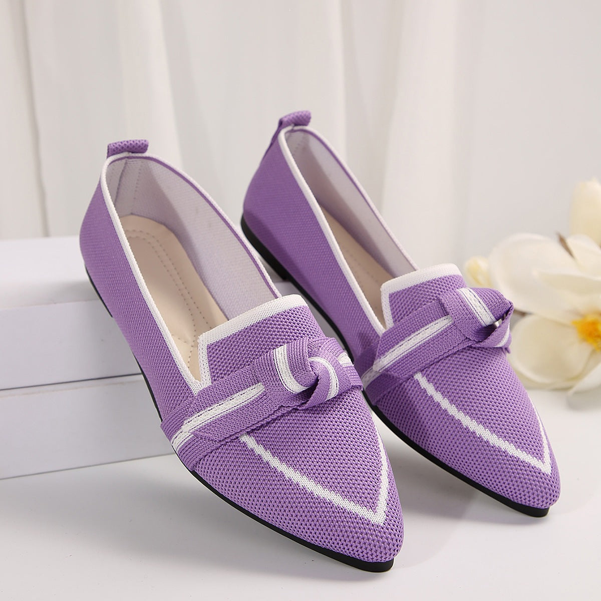 Women's Pointed Toe Knit Bow Loafers - Breathable Mesh Slip-On Flats
