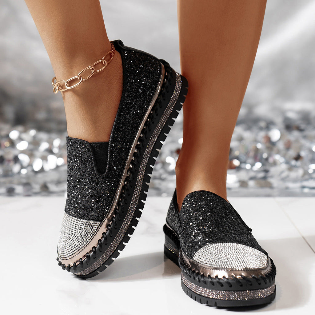 Sparkle Rhinestone Platform Slip-On Sneakers – Bling Crystal Chunky Loafers for Women