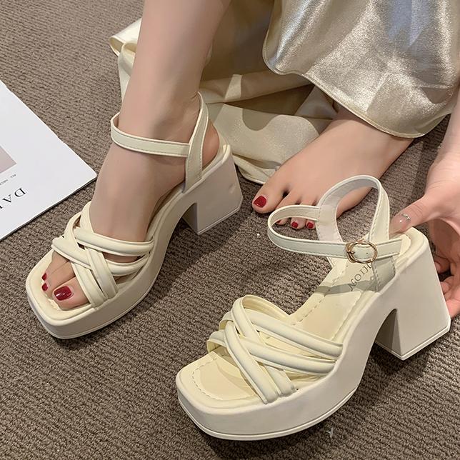 Women's Chunky Platform Block Heel Sandals – Crisscross Strappy Ankle Buckle Heels