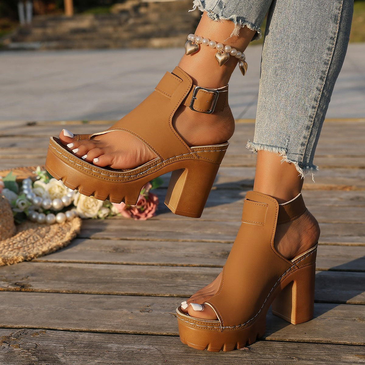 Women's Chunky Platform Block Heel Sandals – Peep Toe Ankle Buckle Heels