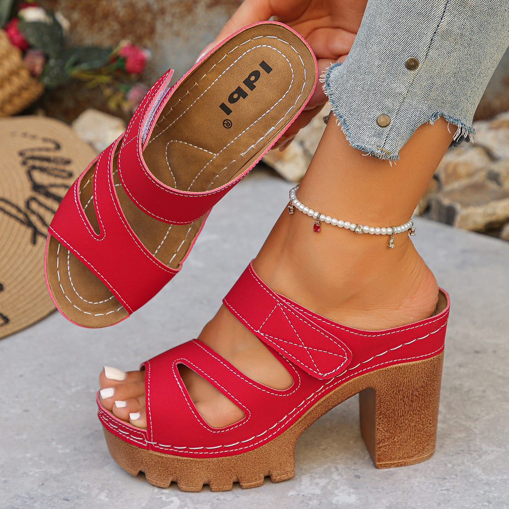 Women's 10.5cm Chunky Platform Wedge Sandals Peep Toe Cutout Velcro Strap Mules
