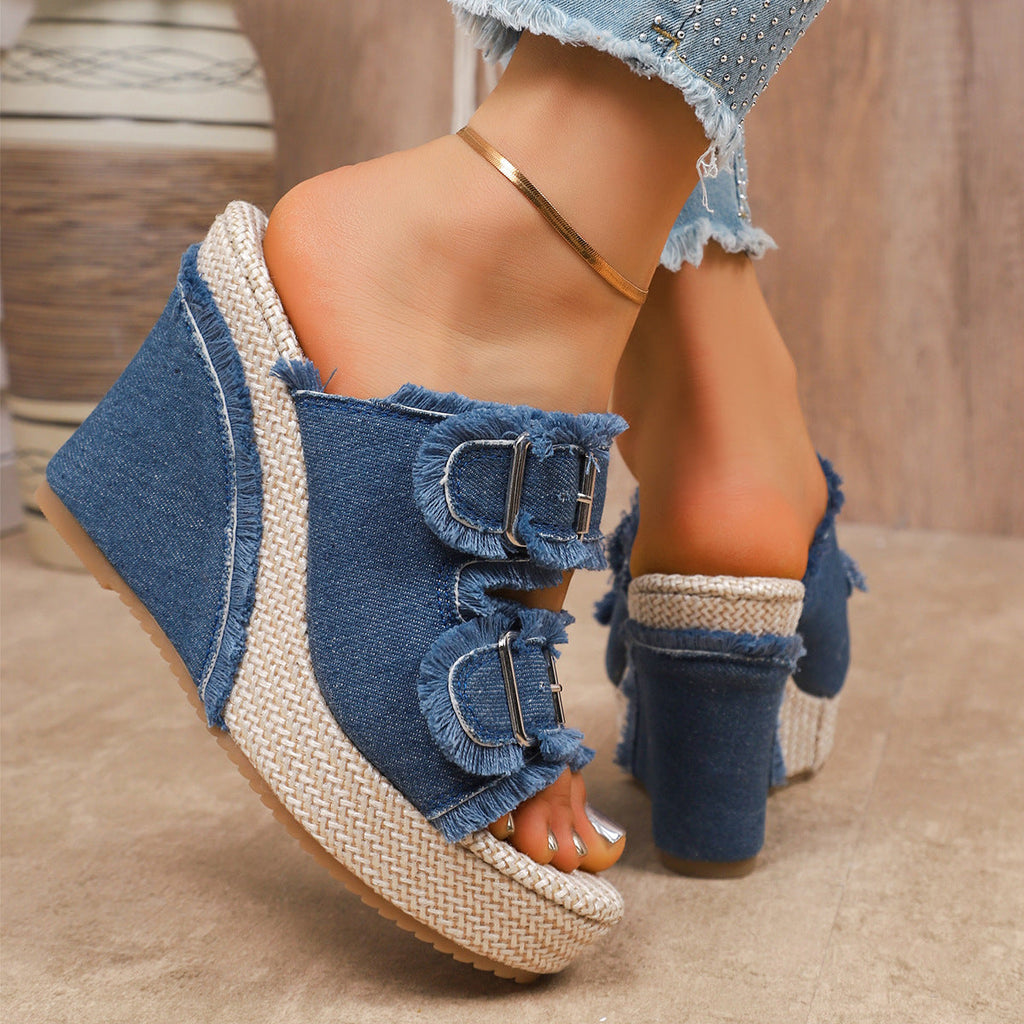 Women's Denim Wedge Platform Sandals – Double Buckle Frayed Strap Espadrille Mules