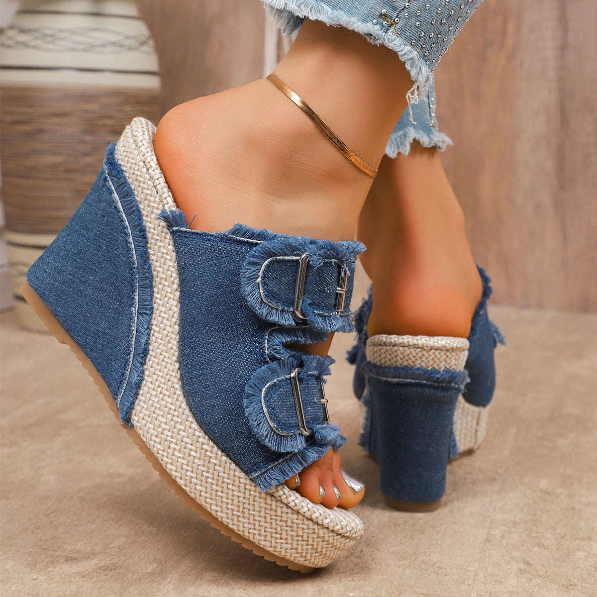 Women's Denim Wedge Platform Sandals – Double Buckle Frayed Strap Espadrille Mules