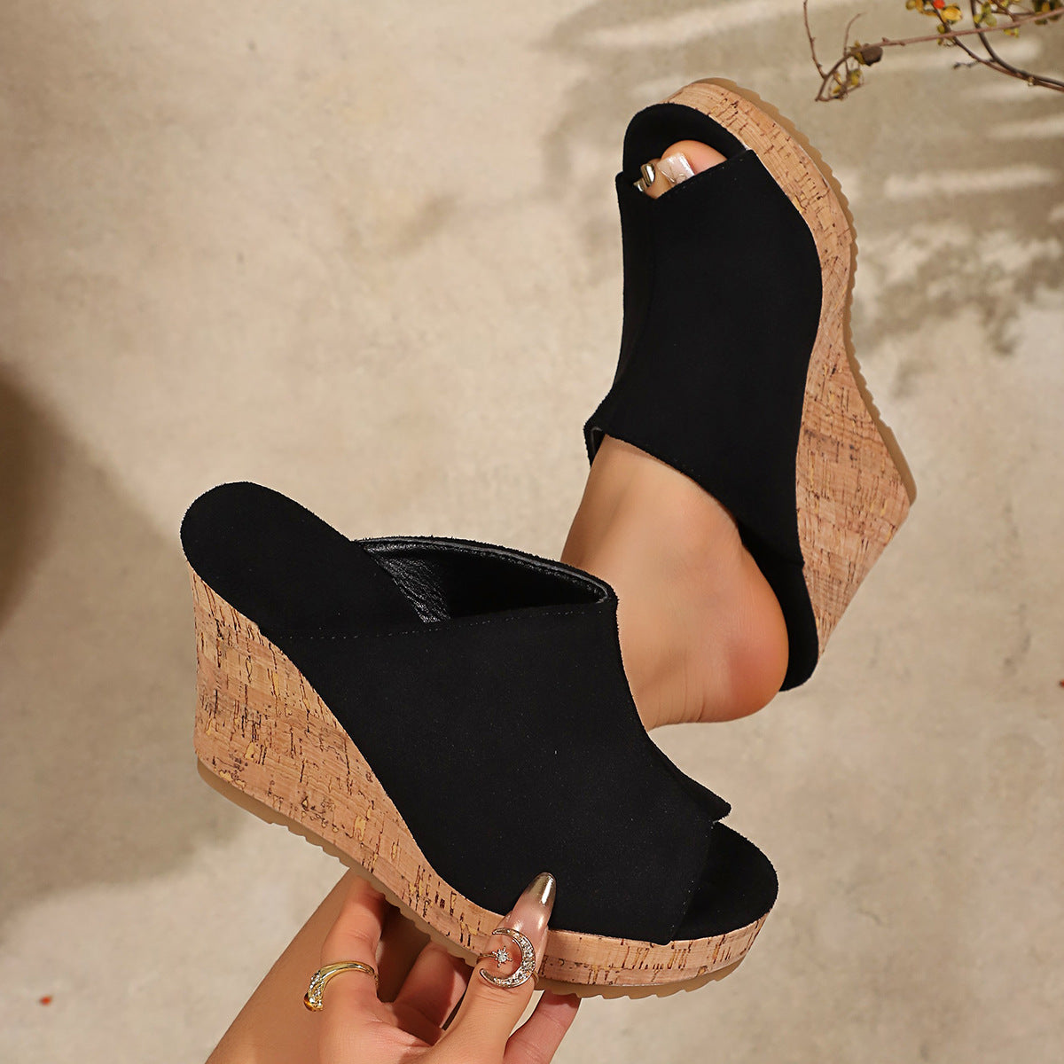 Platform Cork Wedge Mules with Open Toe
