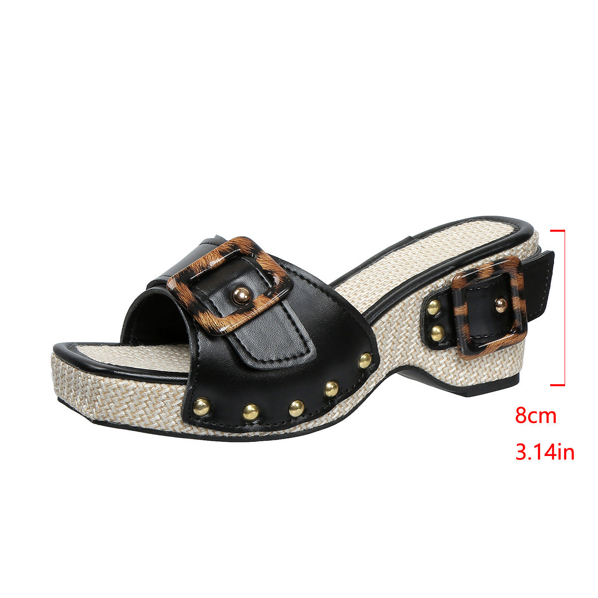 Women's Peep Toe Buckle Platform Mules with Leopard Print & Woven Block Heel