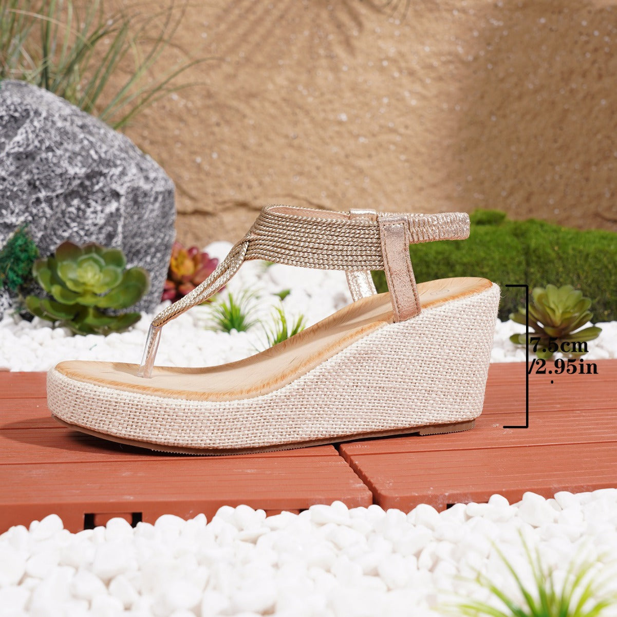 Rhinestone Wedge Flip Flop Sandals with Ankle Strap