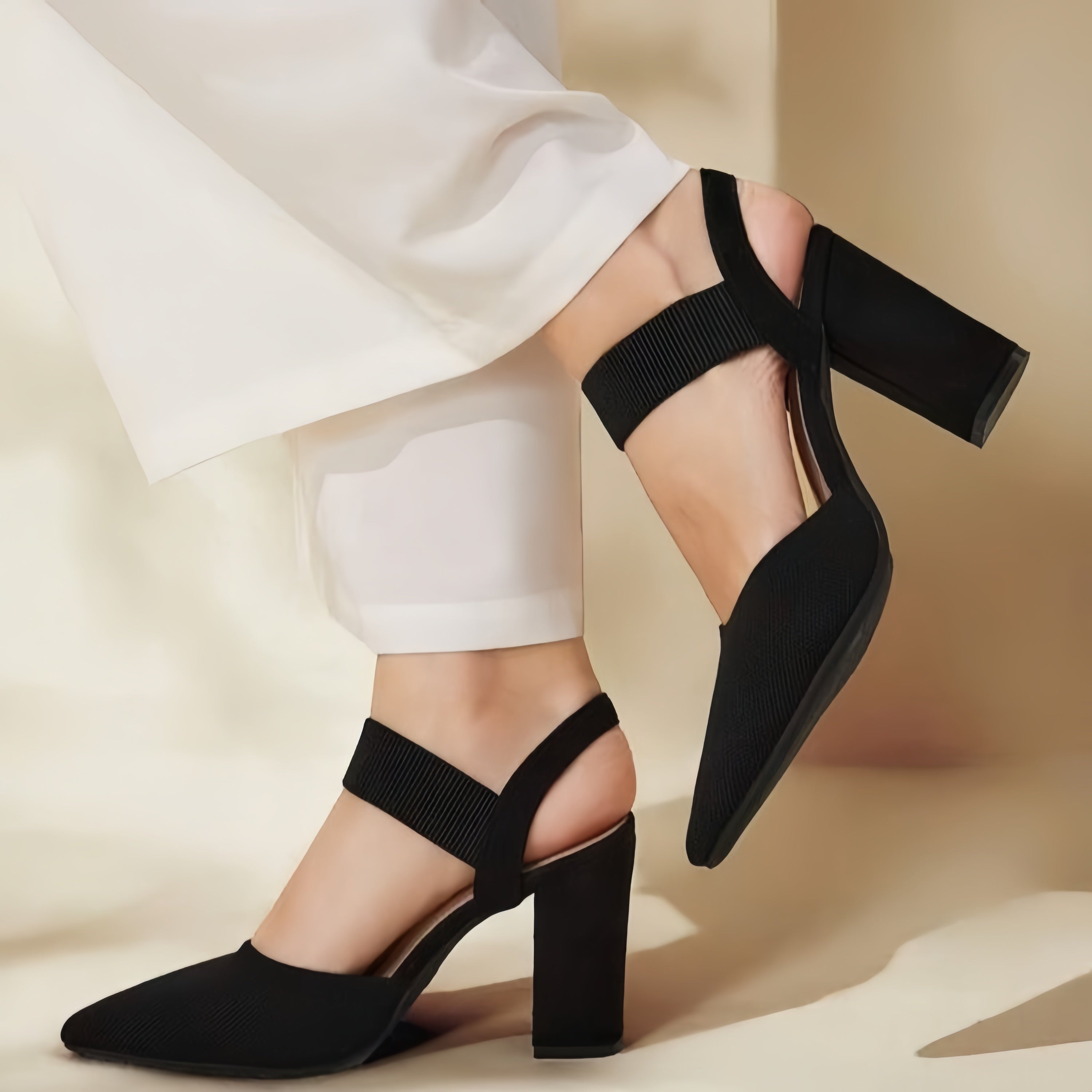 Women's 6-8cm Block Heel Slingback Pumps – Pointed Toe Elastic Strap Chunky Heels