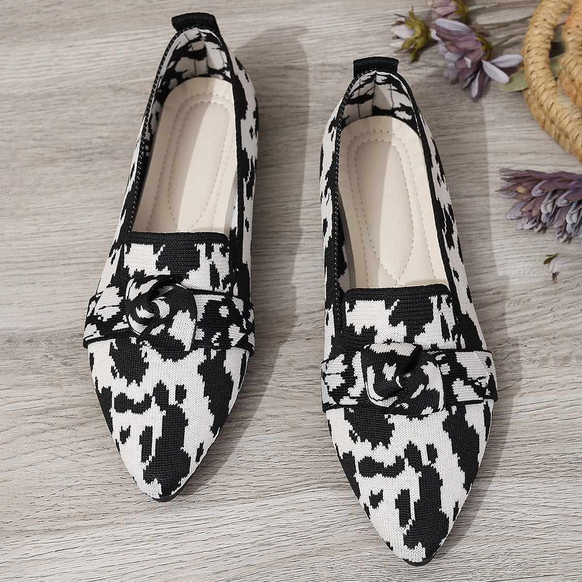 Women's Pointed Toe Knit Bow Loafers - Breathable Mesh Slip-On Flats