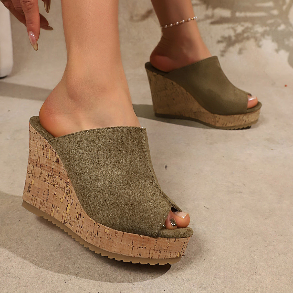 Platform Cork Wedge Mules with Open Toe