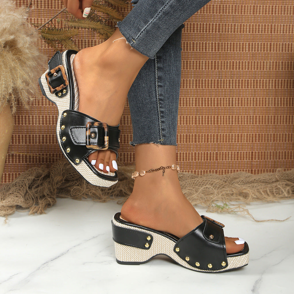 Women's Peep Toe Buckle Platform Mules with Leopard Print & Woven Block Heel