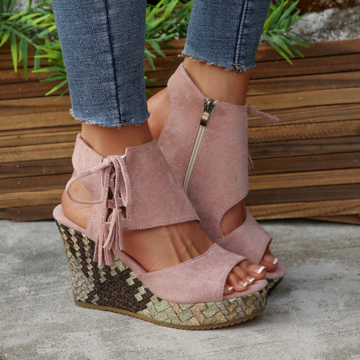 Women's Peep Toe Woven Wedge Platform Sandals with Tassel Ankle Tie