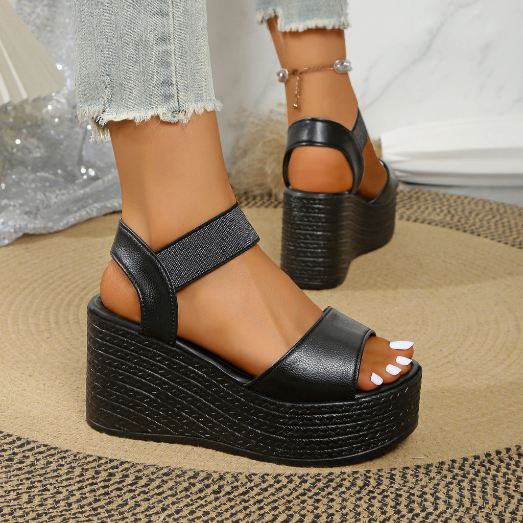 Platform Wedge Sandals with Glitter Ankle Strap - 9cm Heel