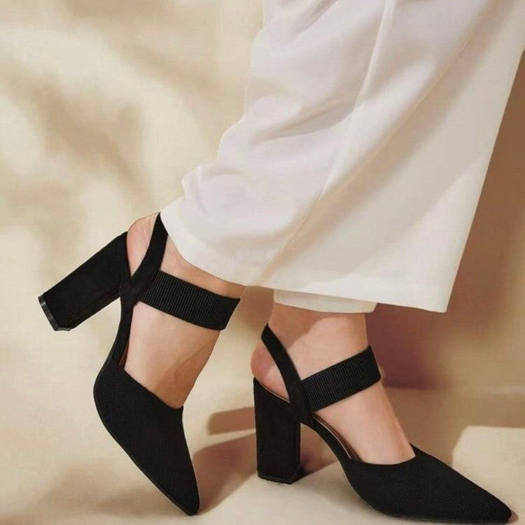 Women's 6-8cm Block Heel Slingback Pumps – Pointed Toe Elastic Strap Chunky Heels