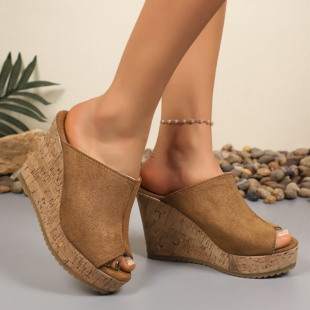 Platform Cork Wedge Mules with Open Toe