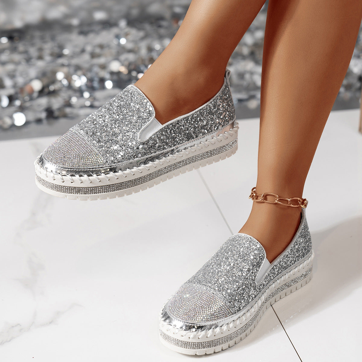 Sparkle Rhinestone Platform Slip-On Sneakers – Bling Crystal Chunky Loafers for Women