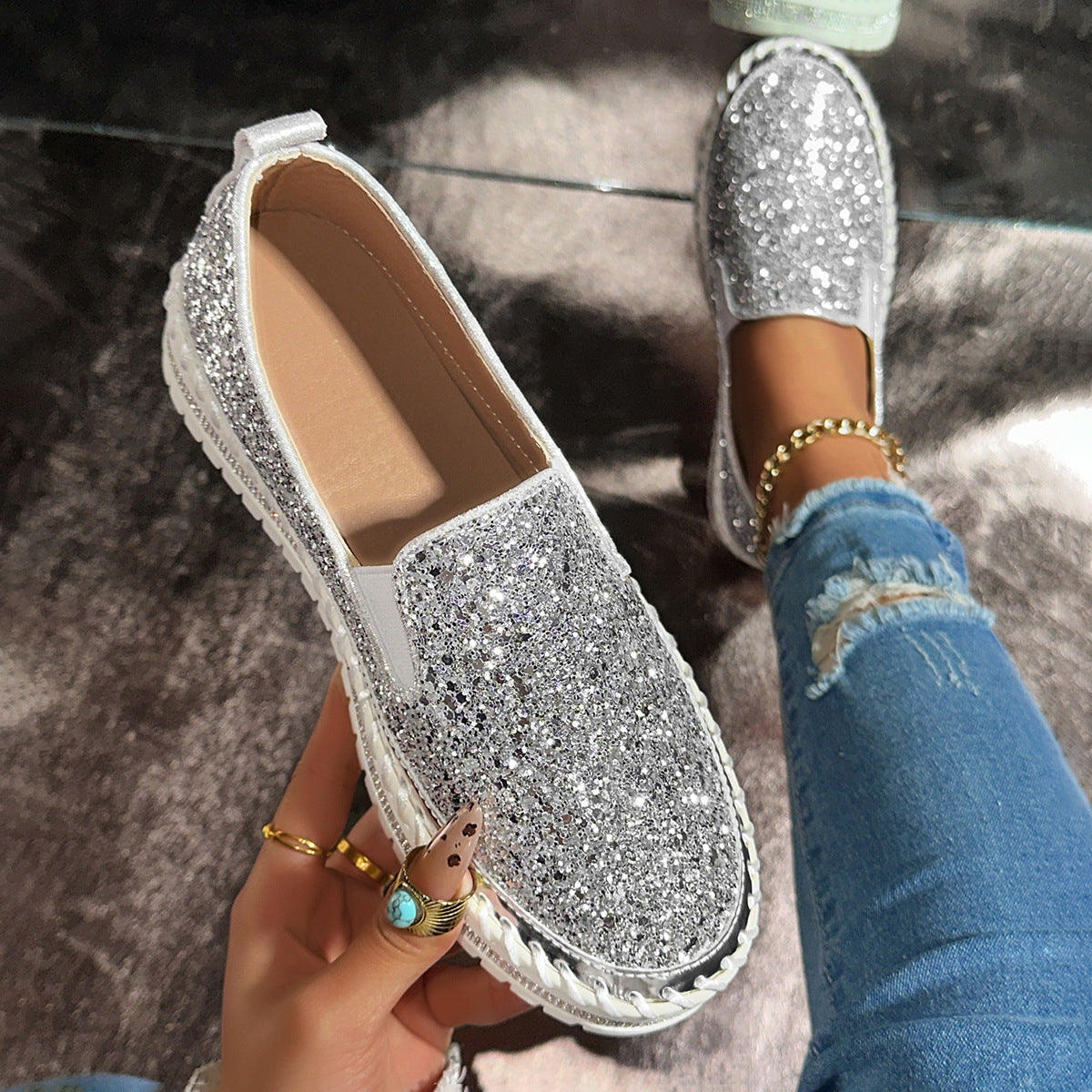 Sparkle Rhinestone Platform Slip-On Sneakers – Bling Crystal Chunky Loafers for Women