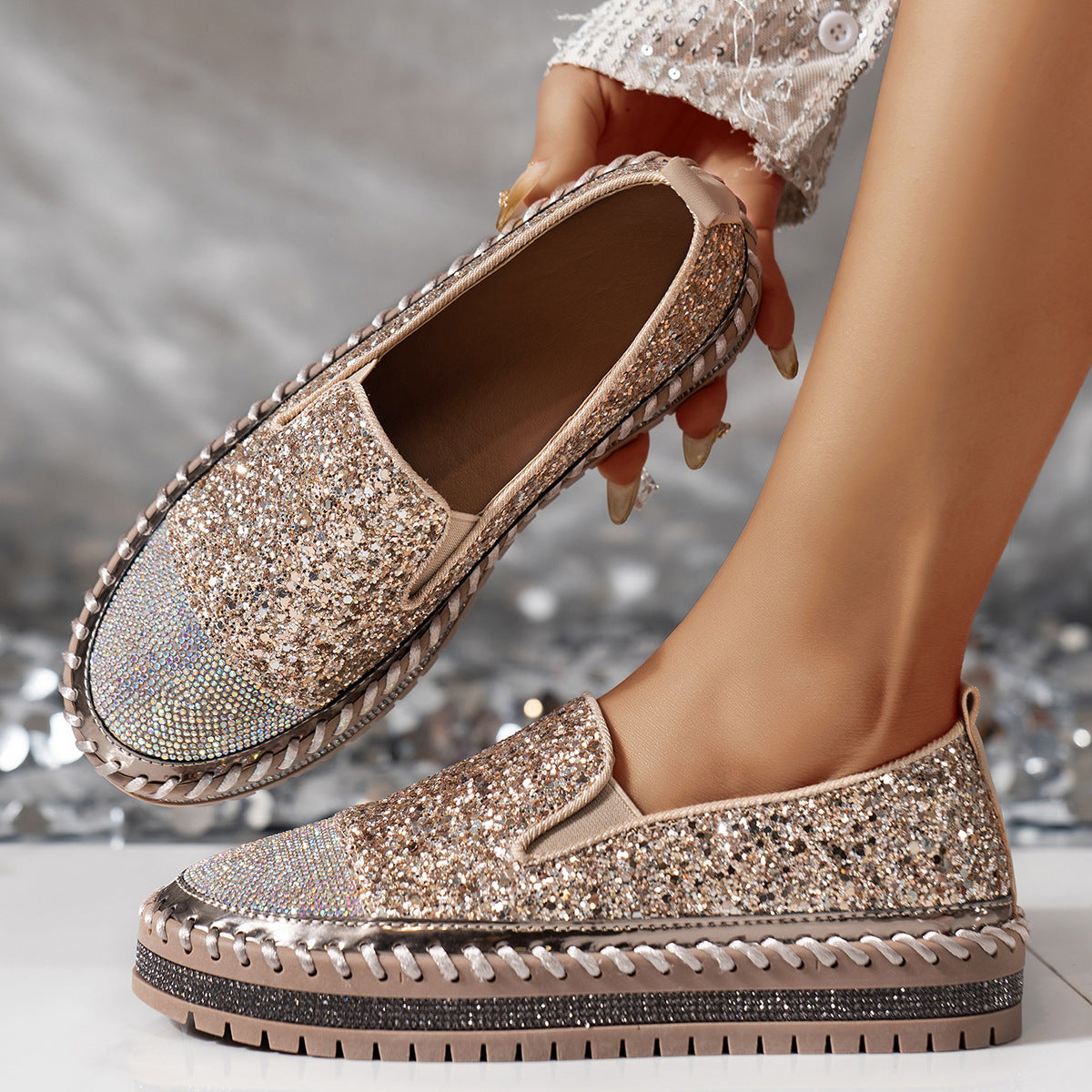 Sparkle Rhinestone Platform Slip-On Sneakers – Bling Crystal Chunky Loafers for Women
