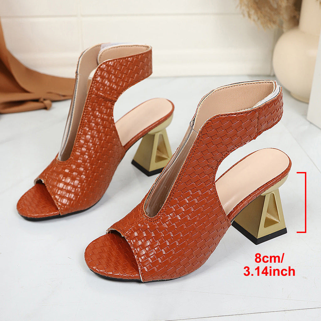 Woven Peep Toe Block Heel Mules – 8cm Chunky Geometric Heel Sandals