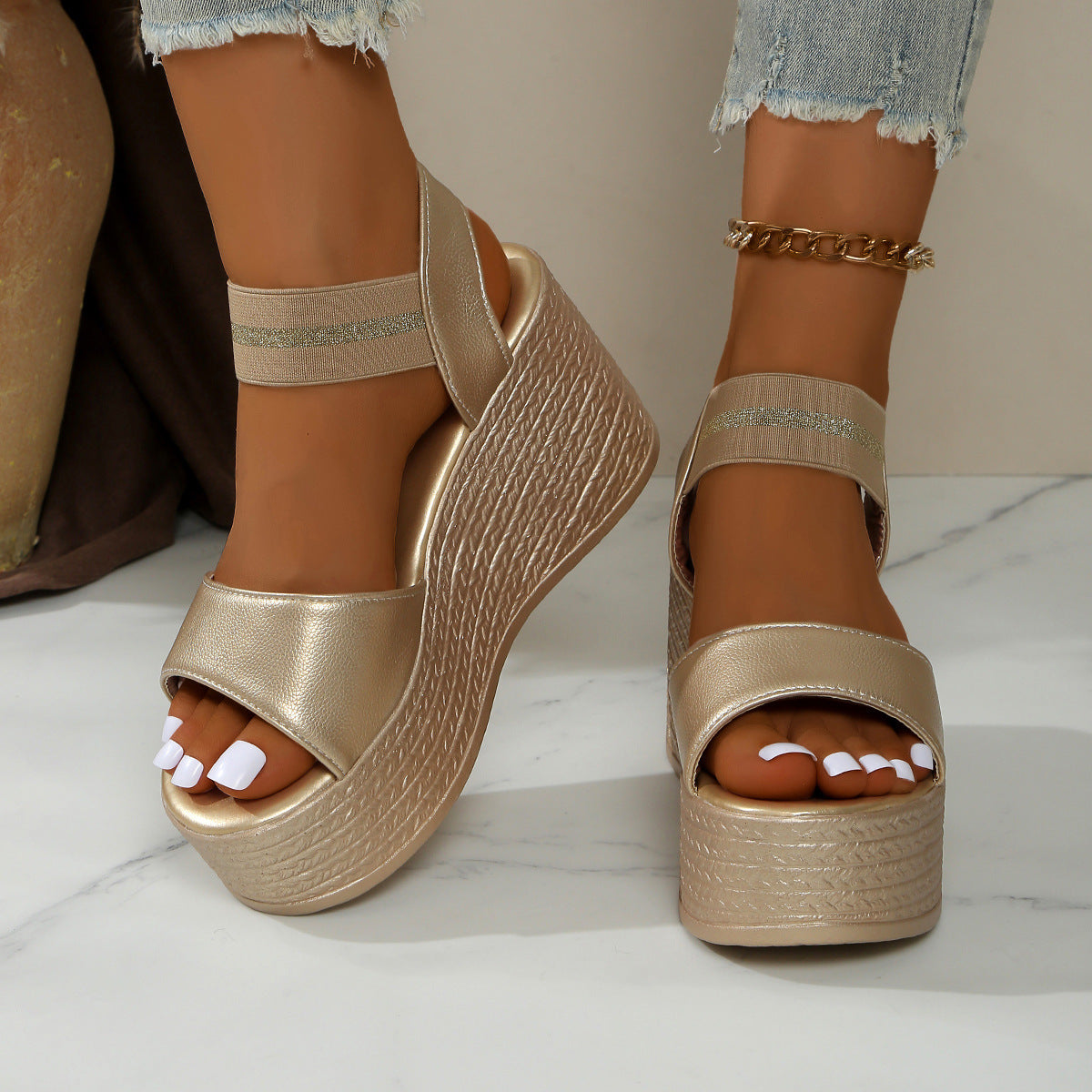 Platform Wedge Sandals with Glitter Ankle Strap - 9cm Heel