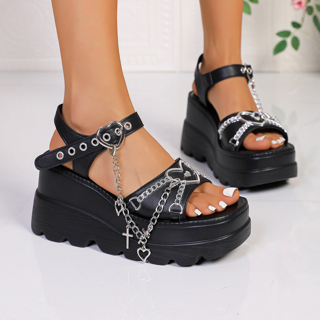 Women's Gothic Platform Wedge Sandals – Chunky Black Open Toe Ankle Strap with Heart Chain & Cross Charms