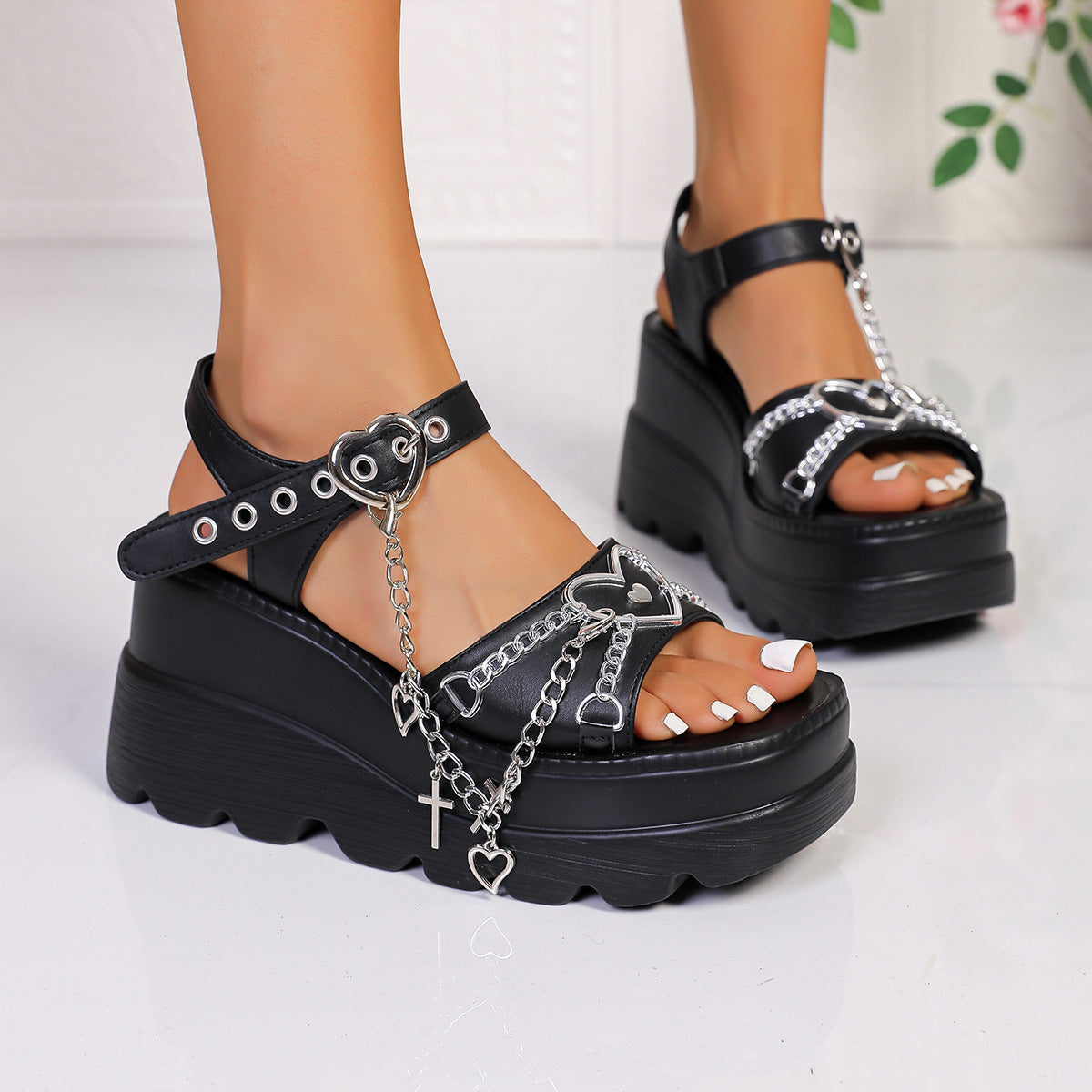 Women's Gothic Platform Wedge Sandals – Chunky Black Open Toe Ankle Strap with Heart Chain & Cross Charms