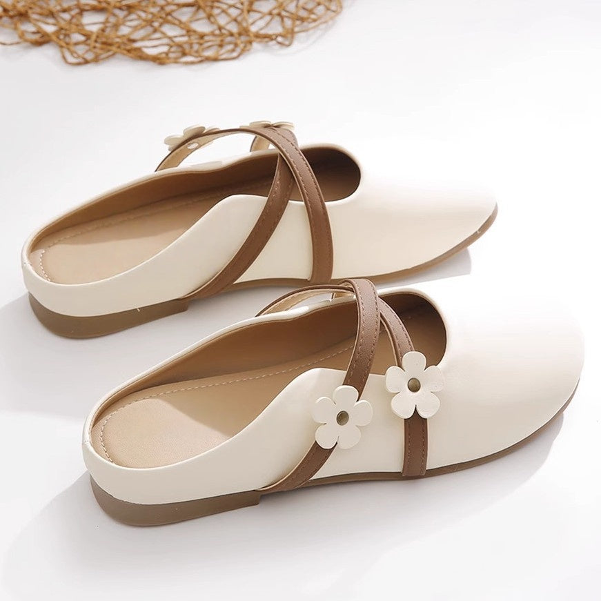Flower Decor Flat Mule Slippers - Cross Strap Design
