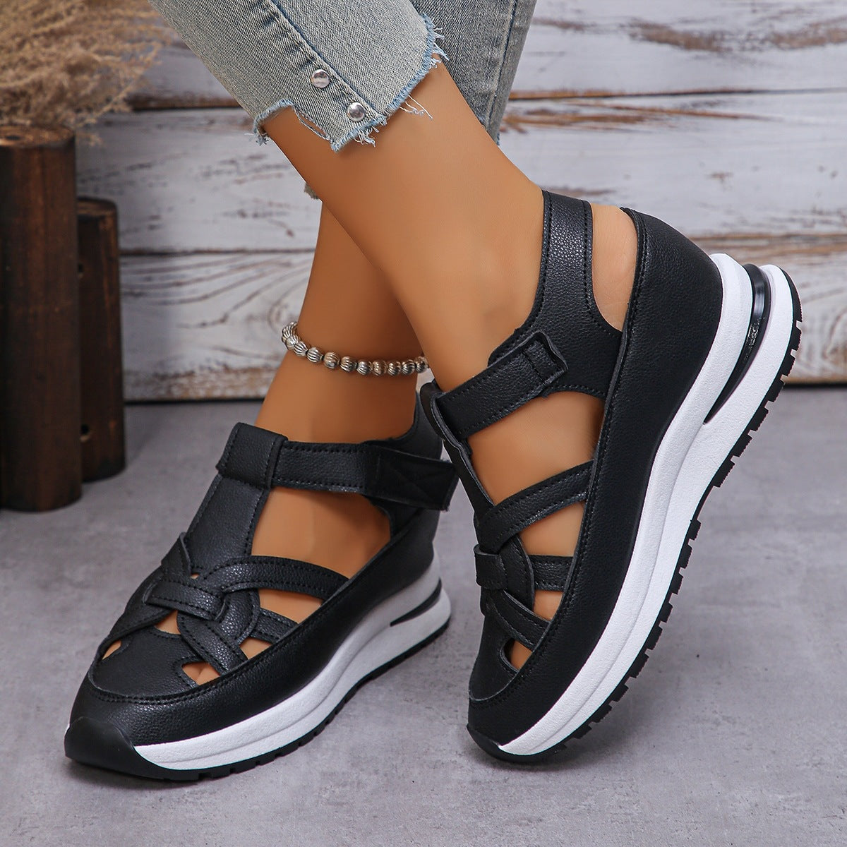 Women's Platform Wedge Sandals - Comfortable Braided Strap Velcro Sporty Sandals