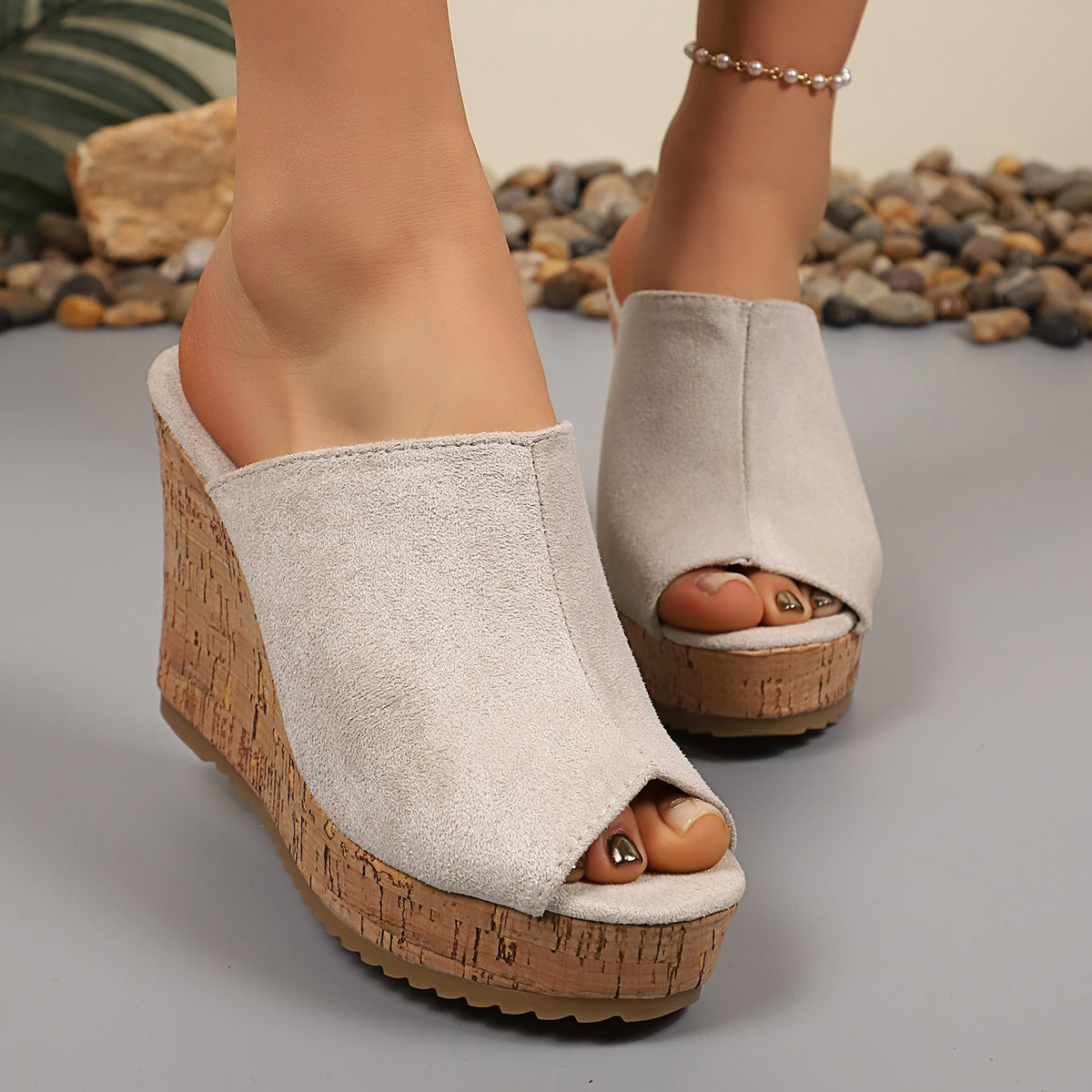 Platform Cork Wedge Mules with Open Toe