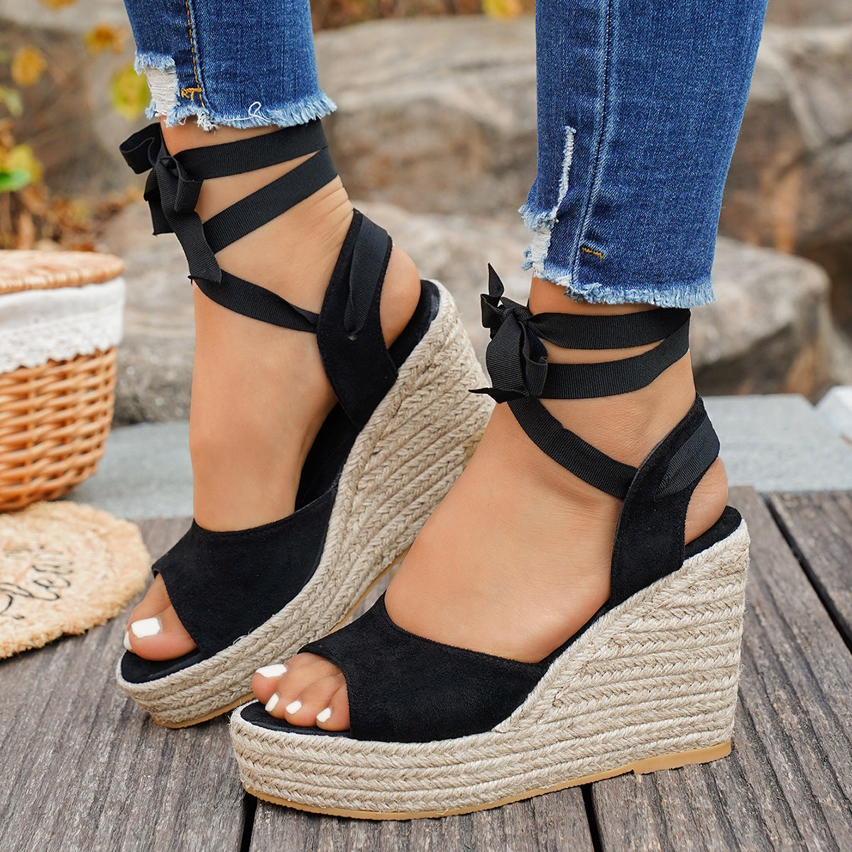 Women's Espadrille Wedge Platform Sandals with Ankle Tie Straps