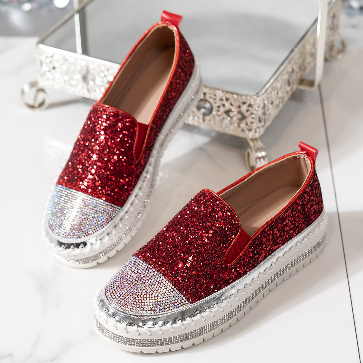 Sparkle Rhinestone Platform Slip-On Sneakers – Bling Crystal Chunky Loafers for Women