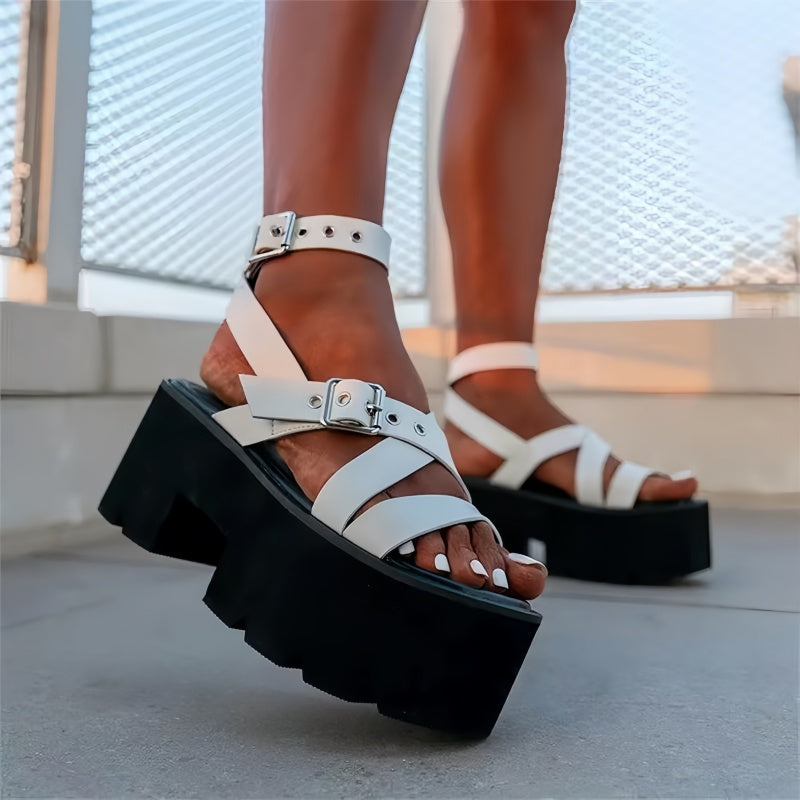 Chunky Platform Crisscross Strappy Sandals with Ankle Buckle – Women's Thick Sole Platform Sandals