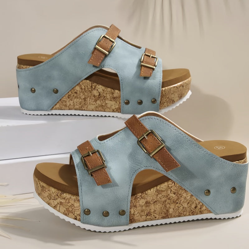 Women's Double Buckle Cork Platform Wedge Sandals – Open Toe Summer Mule Sandals